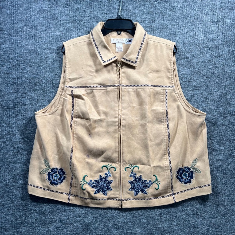 Bechamel Tan Faux Suede Embroidered Floral Full Zip Vest Womens 1X Boho 6008